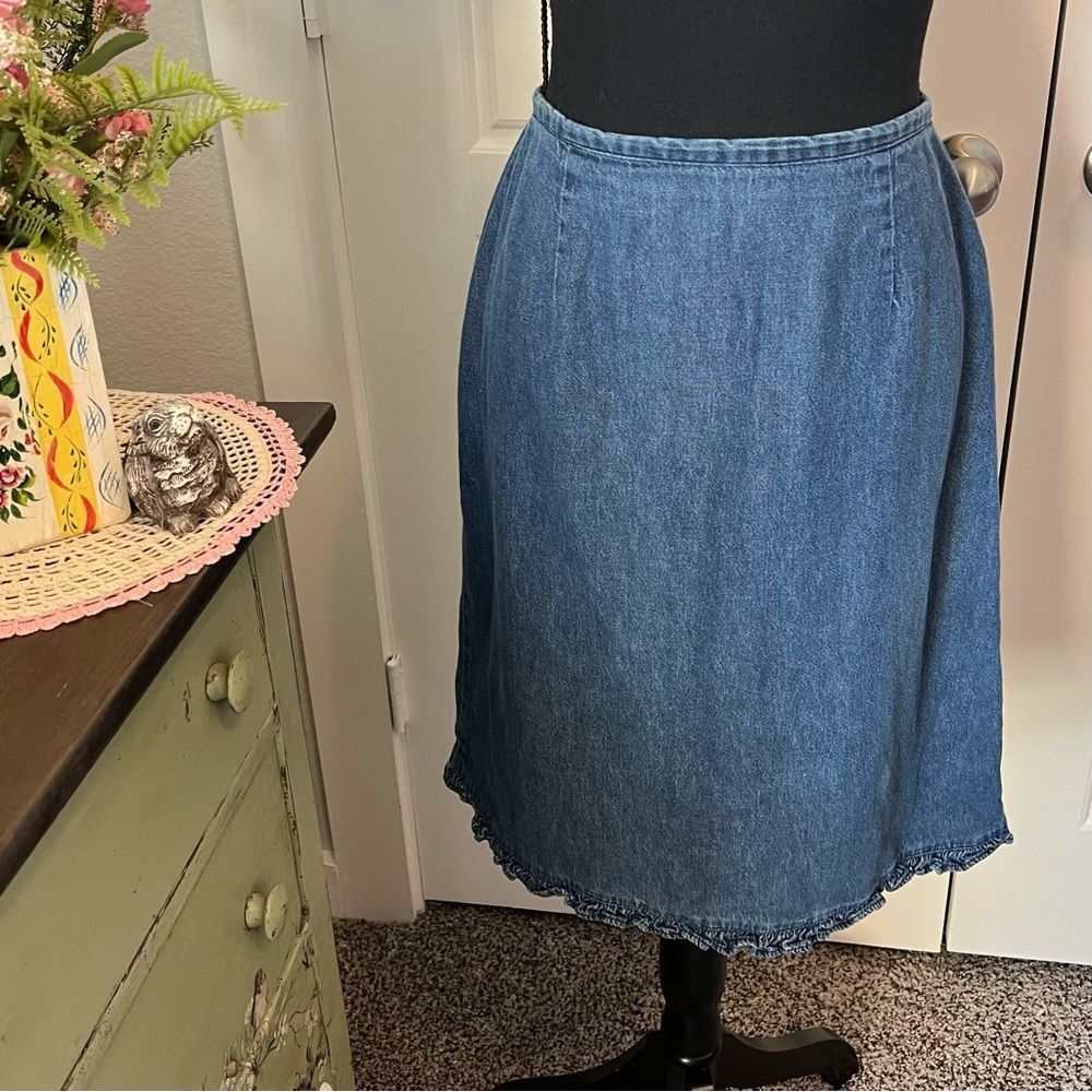 Vintage Faded Glory 90s Y2K Denim Jean Knee Length Ruffle Hem Pencil Skirt Sz M